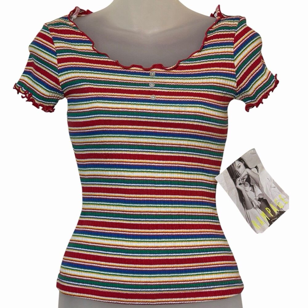Vintage Rampage Baby Tee Womens M Rainbow Ribbed Stripe Stretch Festival Top
